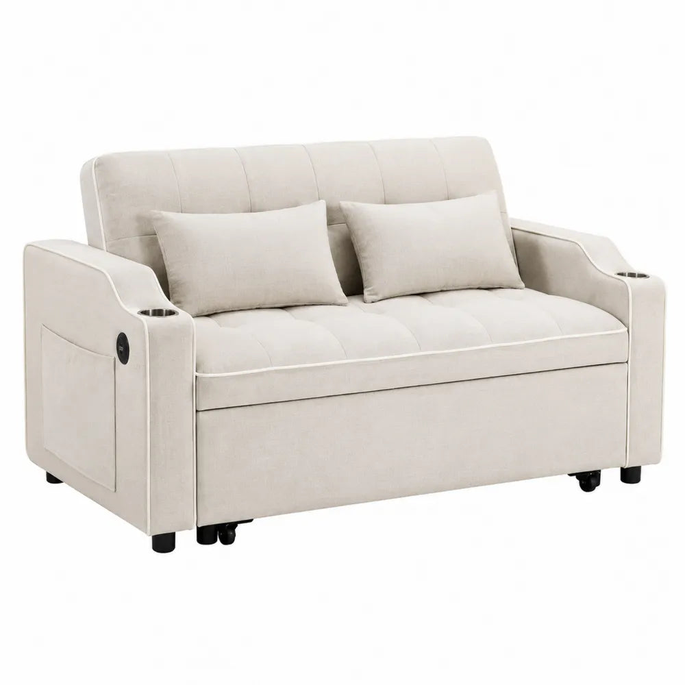 Sofa dwuosobowa rozkładana beżowa tkanina