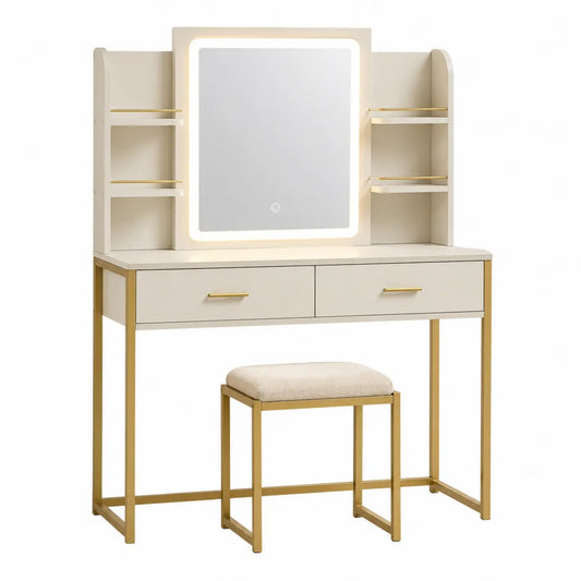 Toaletka z lustrem LED i taboretem MDF Metal Beż Złoty 100x40x140 cm