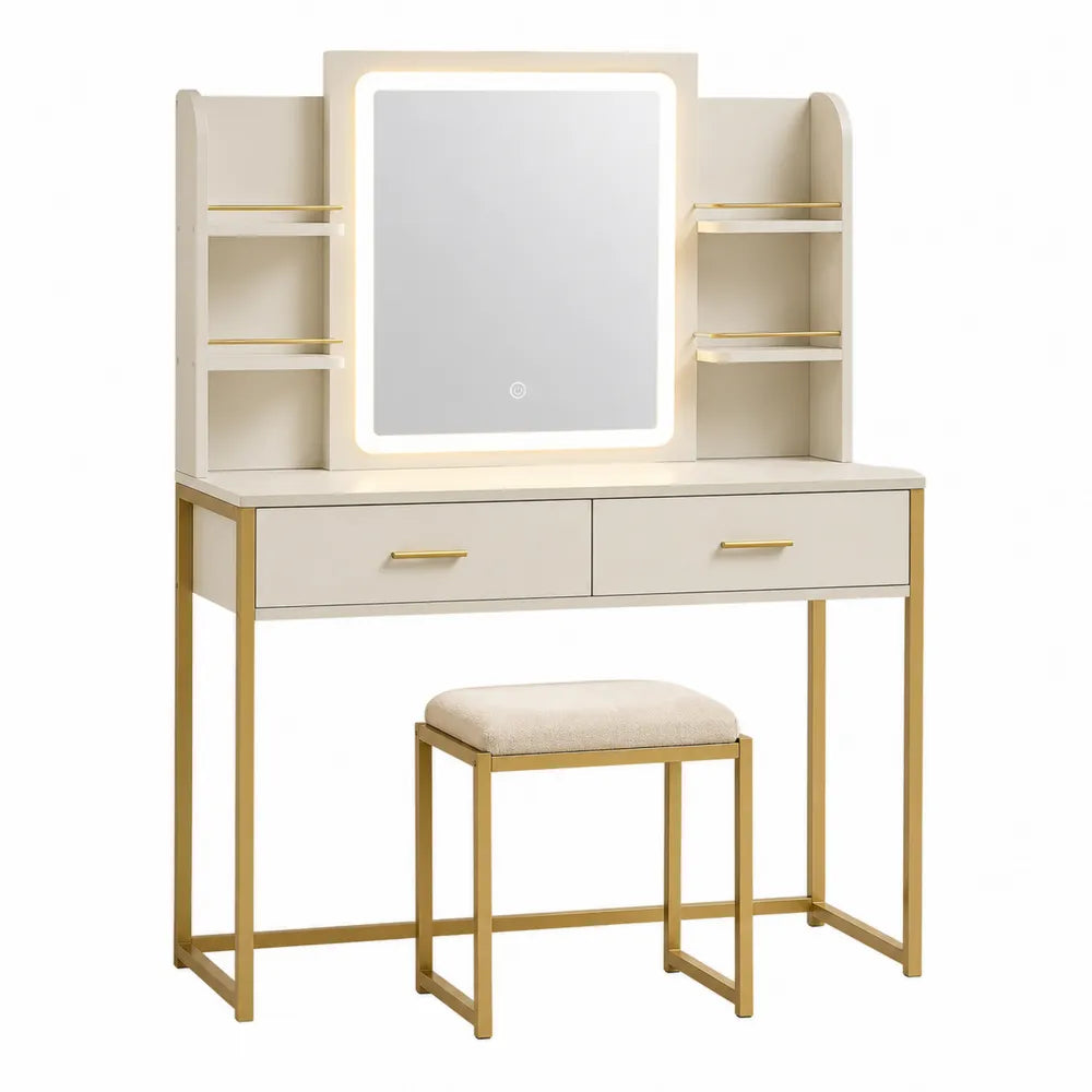 Toaletka z lustrem LED i taboretem MDF Metal Beż Złoty 100x40x140 cm