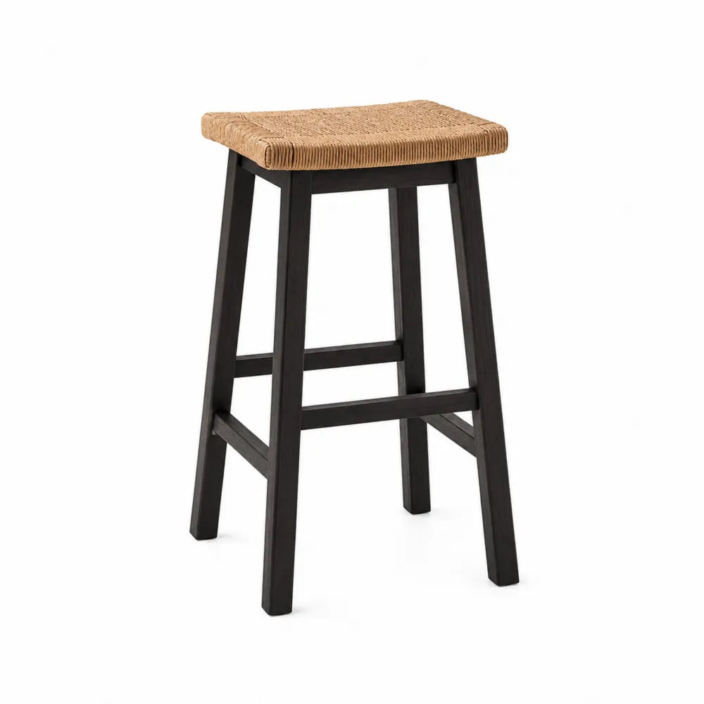 Taboret barowy z drewnianą ramą i siedziskiem rattanowym Czarny 75 cm