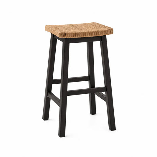 Taboret barowy z drewnianą ramą i siedziskiem rattanowym Czarny 75 cm