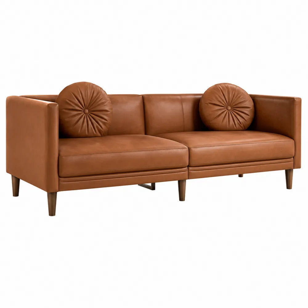 Sofa dwuosobowa ze skóry ekologicznej brązowa z poduszkami