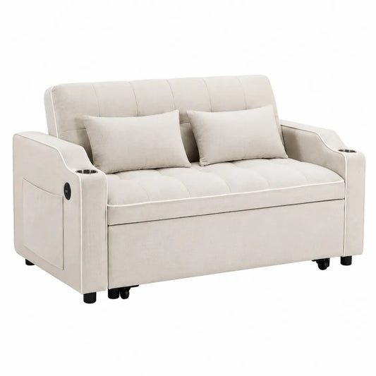 Sofa dwuosobowa rozkładana beżowa tkanina