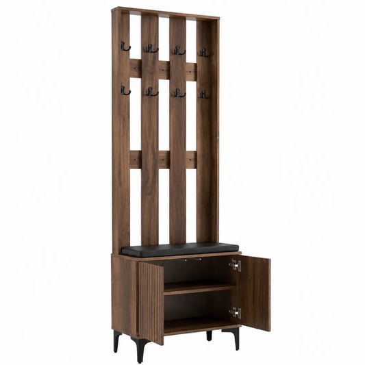 Wieszak na ubrania z drewna orzechowego i stalą z siedziskiem z ekoskóry 180x80x40 cm