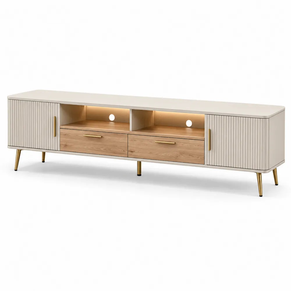 Szafka RTV z drewna, MDF i metalu w kolorze kremowym i dębowym 180x45x50 cm