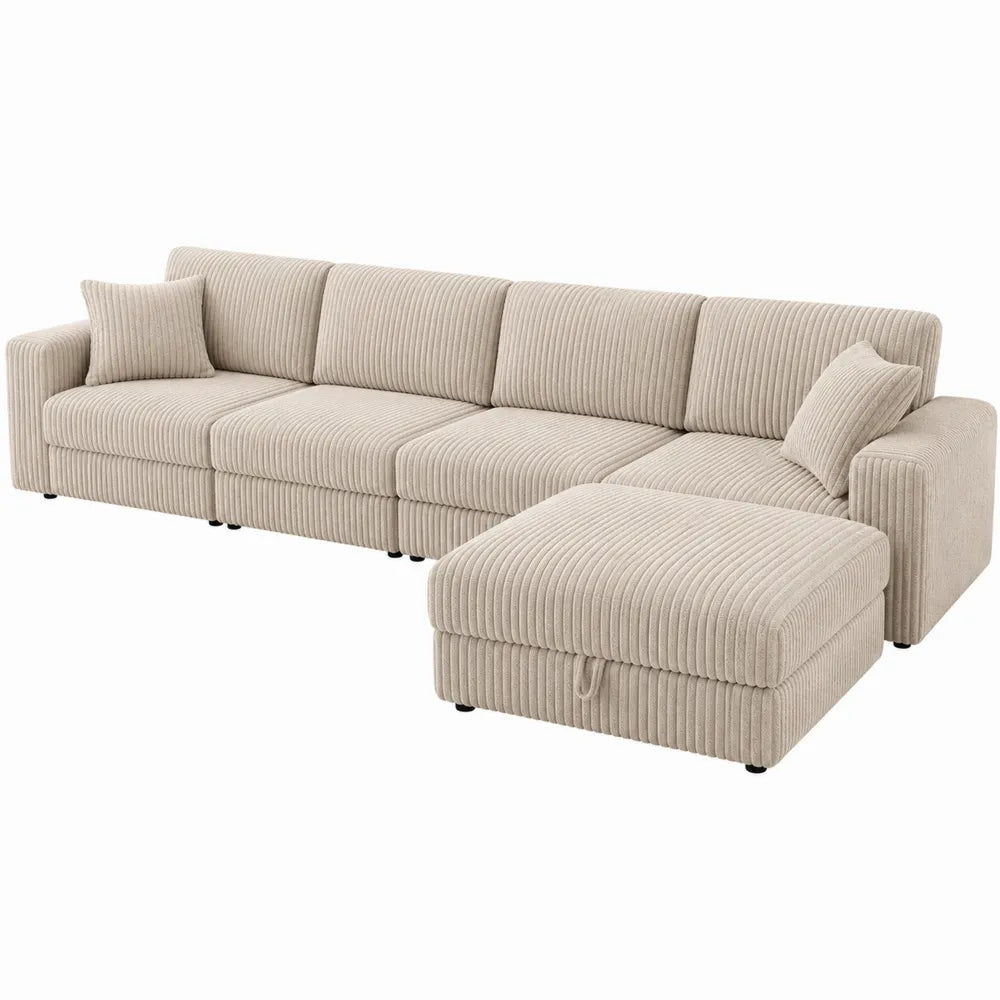 Sofa narożna sztruksowa beżowa z poduszkami